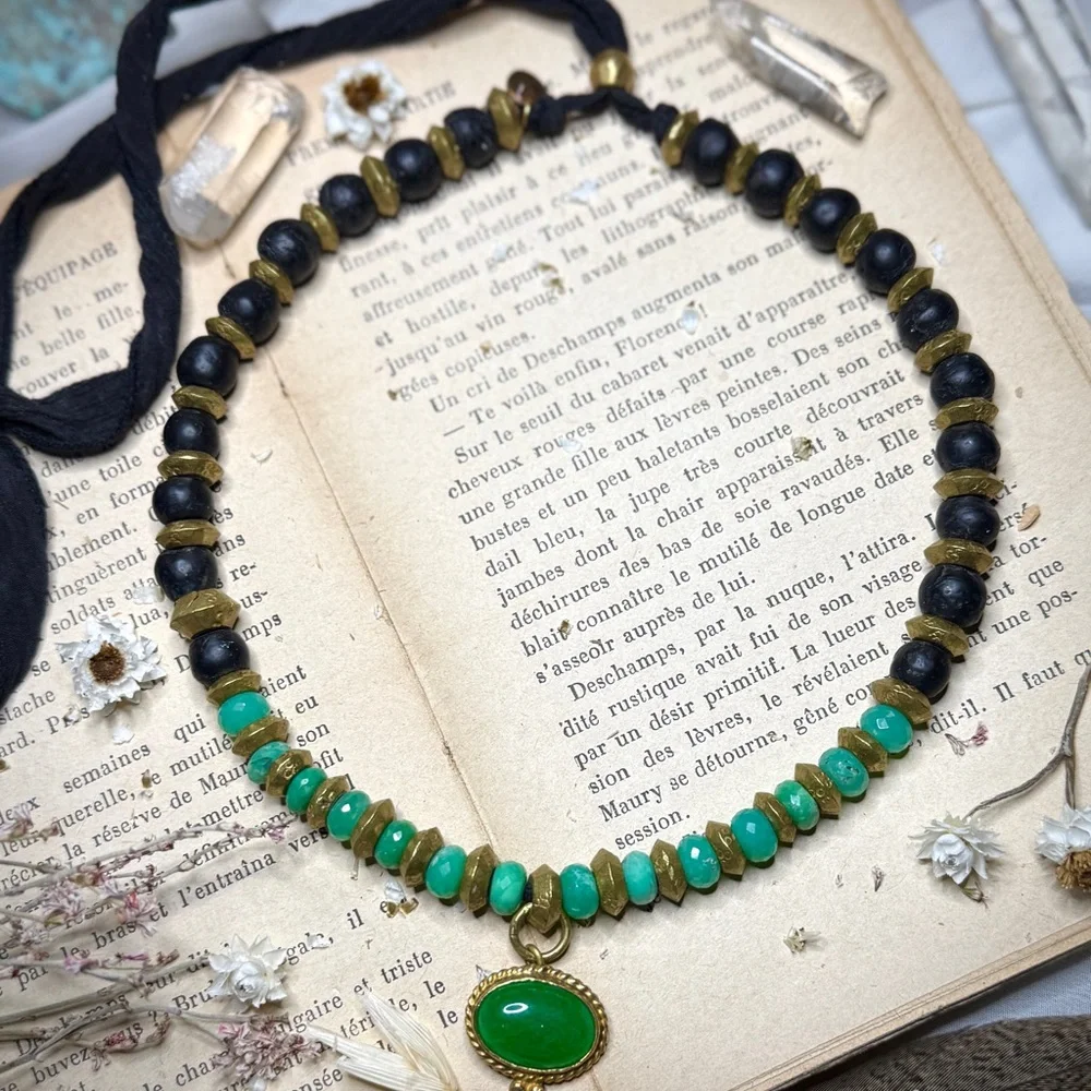 Artisan Silk Strung Chrysoprase 24k Gold Plated Jade Pendant Adjustable Choker